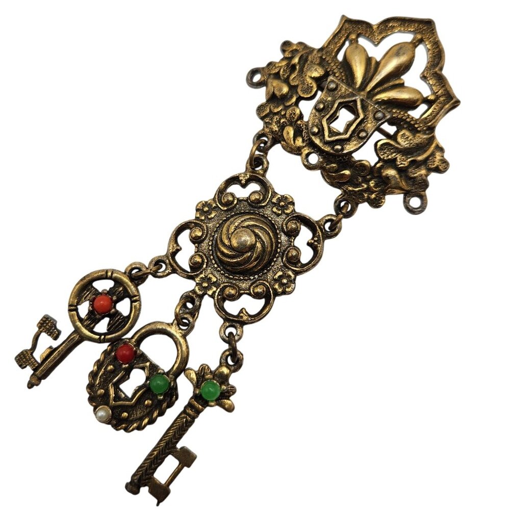 1970s Brass Lock & Key Dangle Brooch with Red Green White Glass Stones Large - Picture 2 of 3